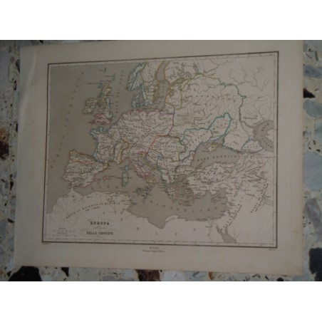 Cartina geografica Europa all epoca delle crociate incisione Allodi Pagnoni editore