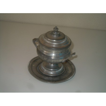 Vecchia zuccheriera in peltro con piattino punzone U V made in Italy