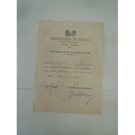 Municipio di Eboli Salerno certificato vaccinazione del 1933 fascismo
