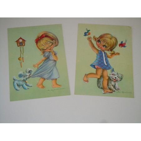 Cartoline bambina con cane 2 differenti non viaggiate