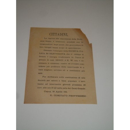 Capua risposta alla società Orsini vendita elettricità volantino 1911