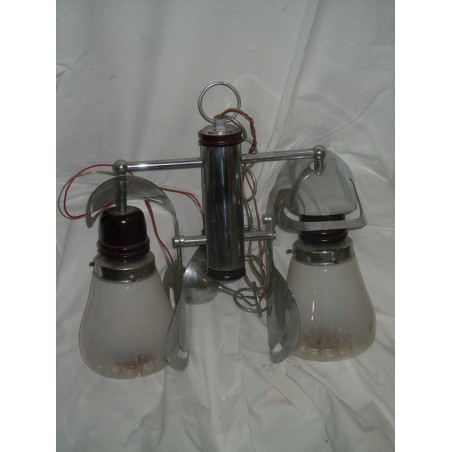 Lampadario 2 luci acciaio e vetro vintage anni 70