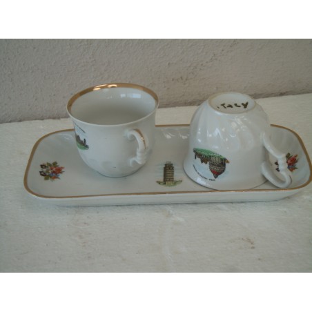 Vecchia Coppia tazze caffè souvenir Pisa con vassoio AGL porcellana