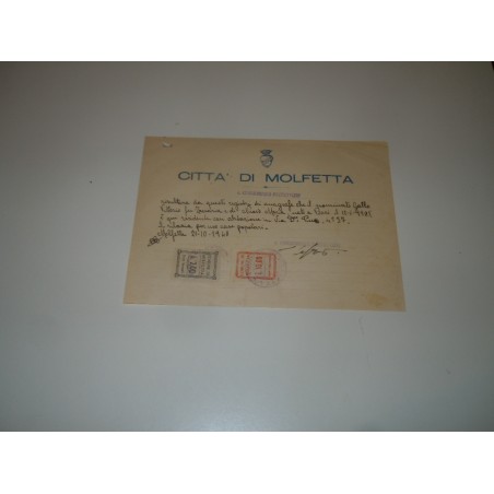 Certificato anagrafico città di Molfetta Bari con marche comunali 1948
