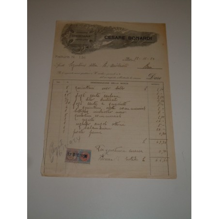 Fattura su carta intestata Cesare Bonardi tipografia Bresciana Bari 1924