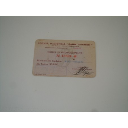 Tessera società nazionale Dante Alighieri Napoli 1938