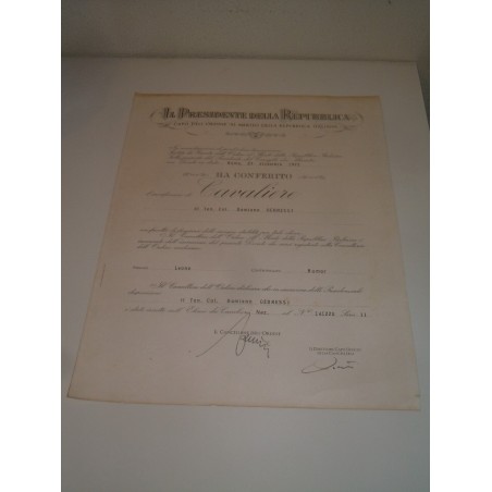 Diploma di Cavaliere cavalierato rilasciato 1973 Leone Rumor
